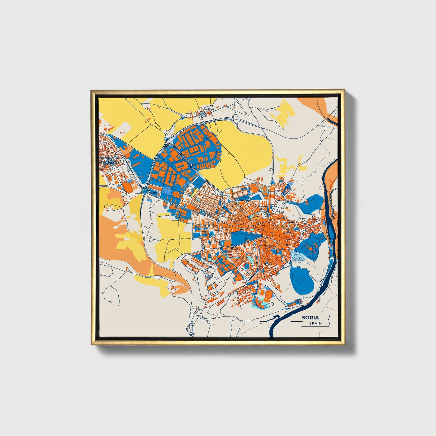 Soria Spain Colorful City Map Canvas Print • Gold Framed