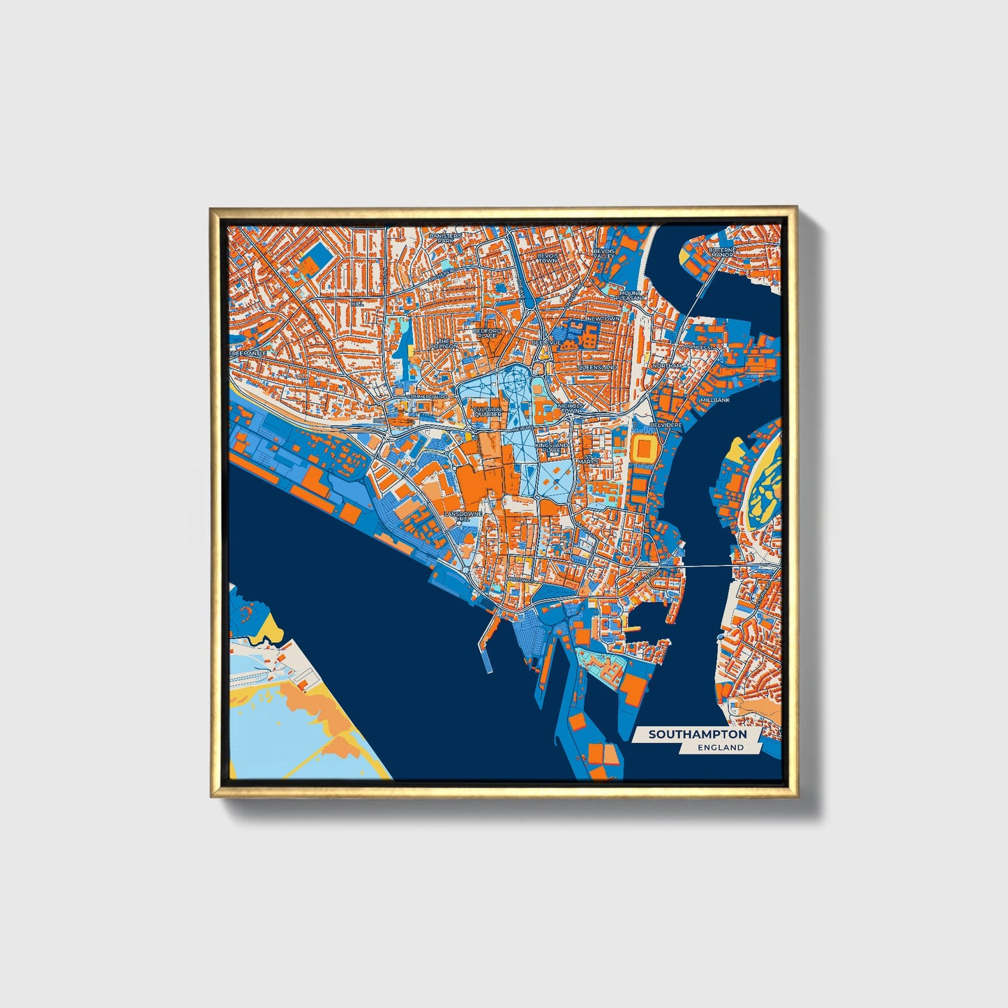Southampton England Colorful City Map Canvas Print • Gold Framed