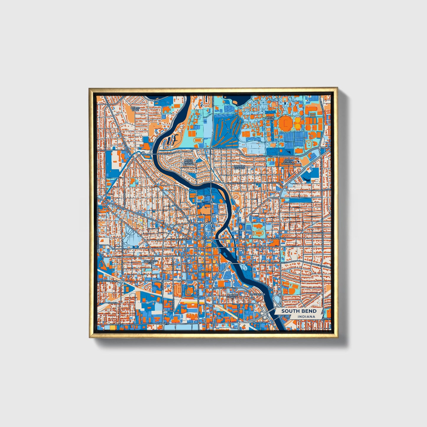 South Bend Indiana Colorful City Map Canvas Print • Gold Framed
