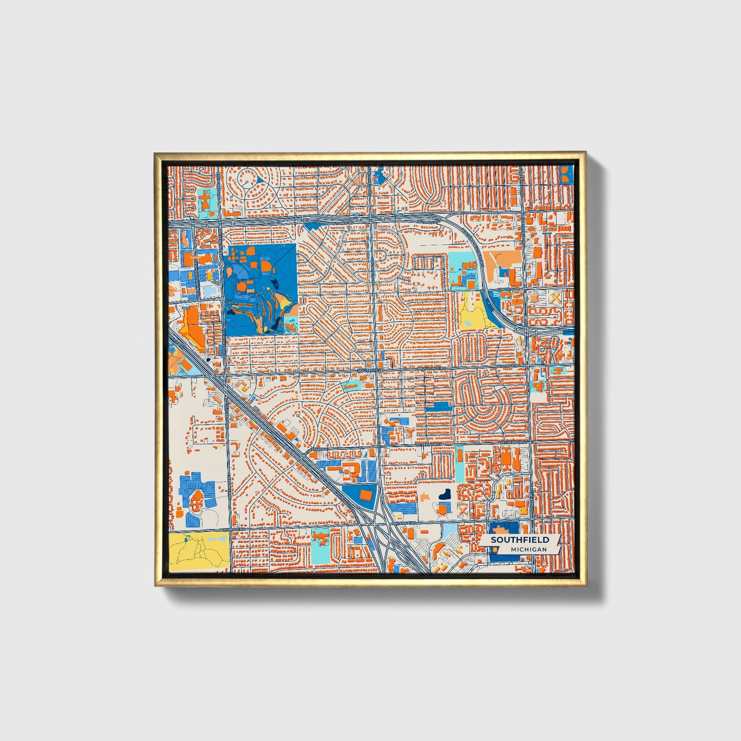 Southfield Michigan Colorful City Map Canvas Print • Gold Framed