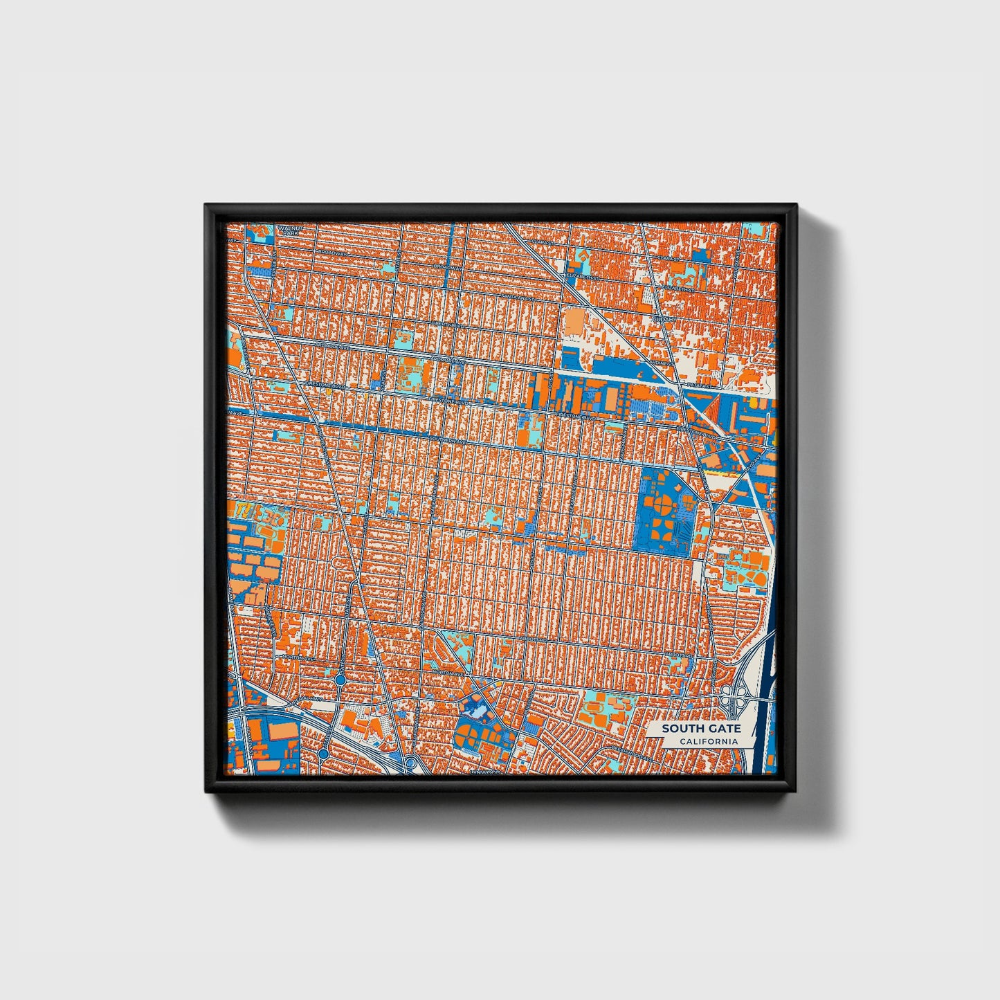 South Gate California Colorful City Map Canvas Print • Black Framed