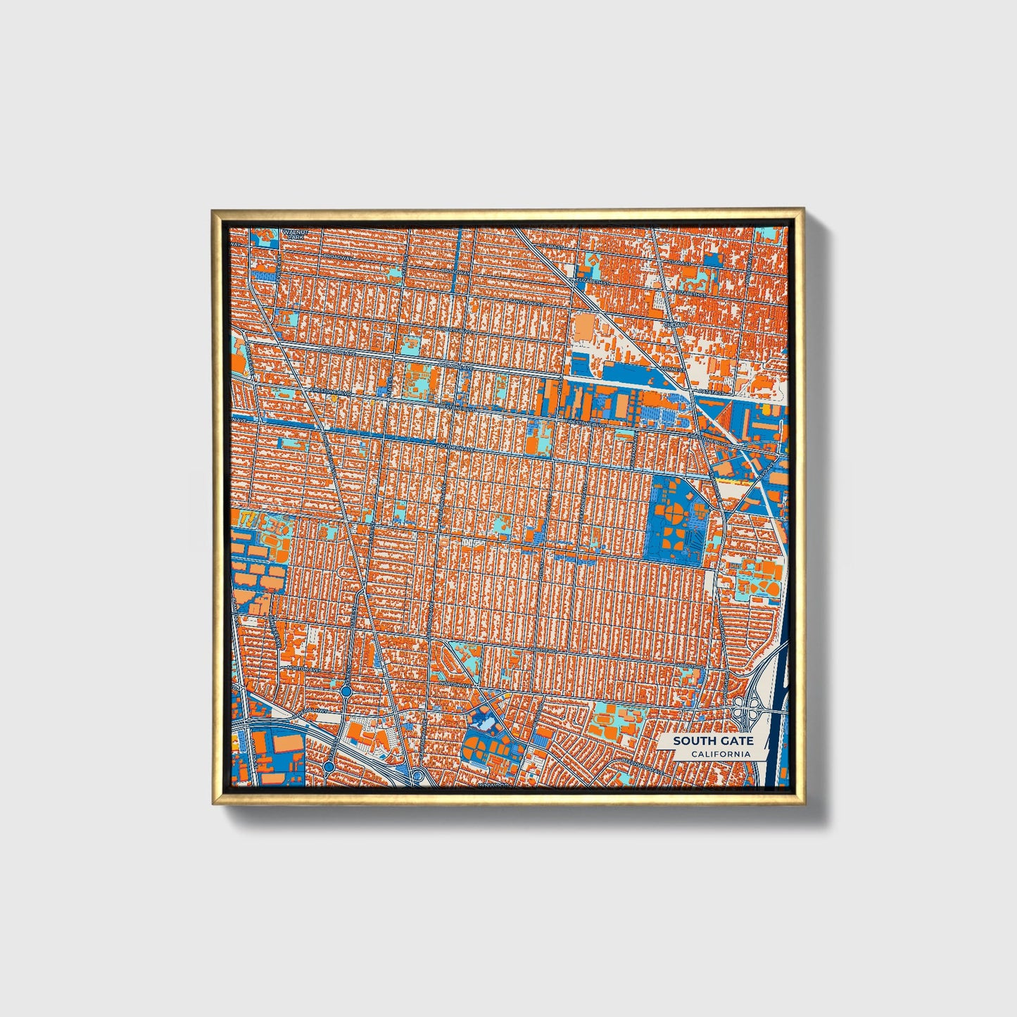 South Gate California Colorful City Map Canvas Print • Gold Framed