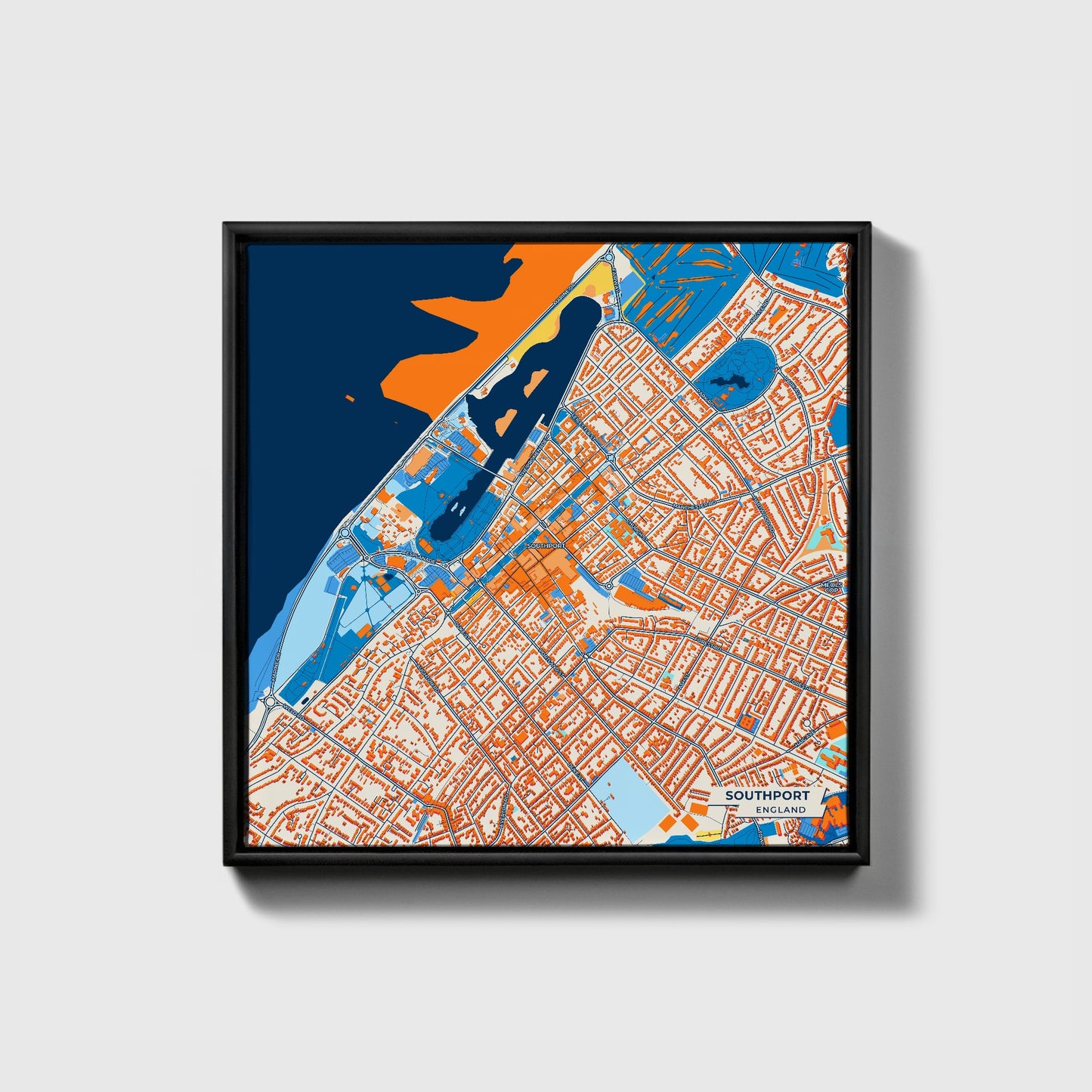Southport England Colorful City Map Canvas Print • Black Framed