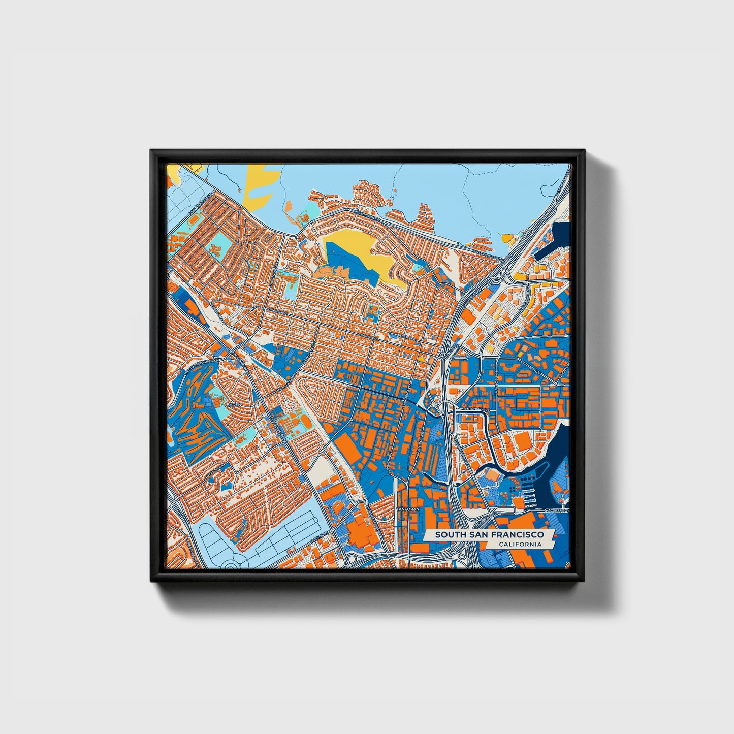 South San Francisco California Colorful City Map Canvas Print • Black Framed
