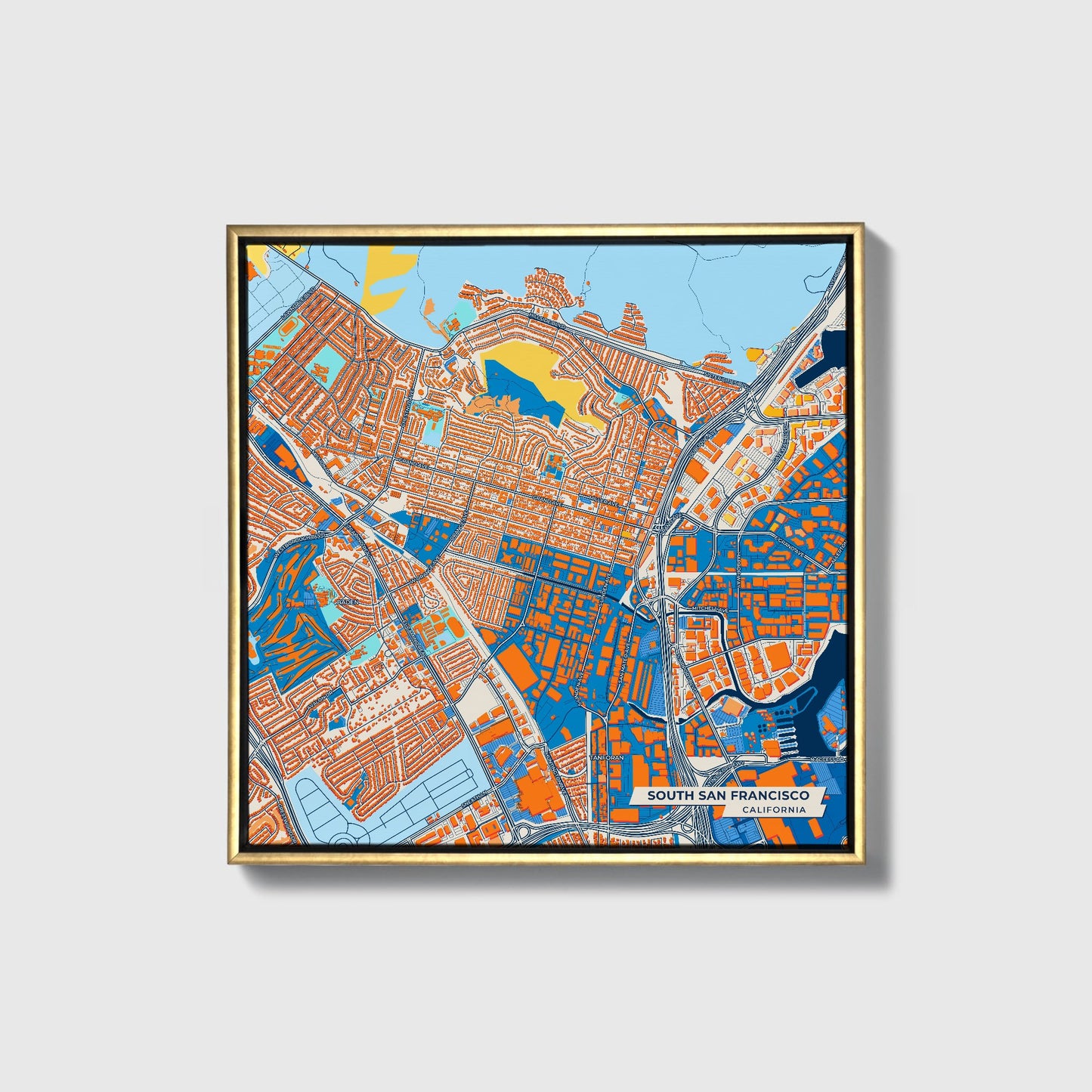 South San Francisco California Colorful City Map Canvas Print • Gold Framed