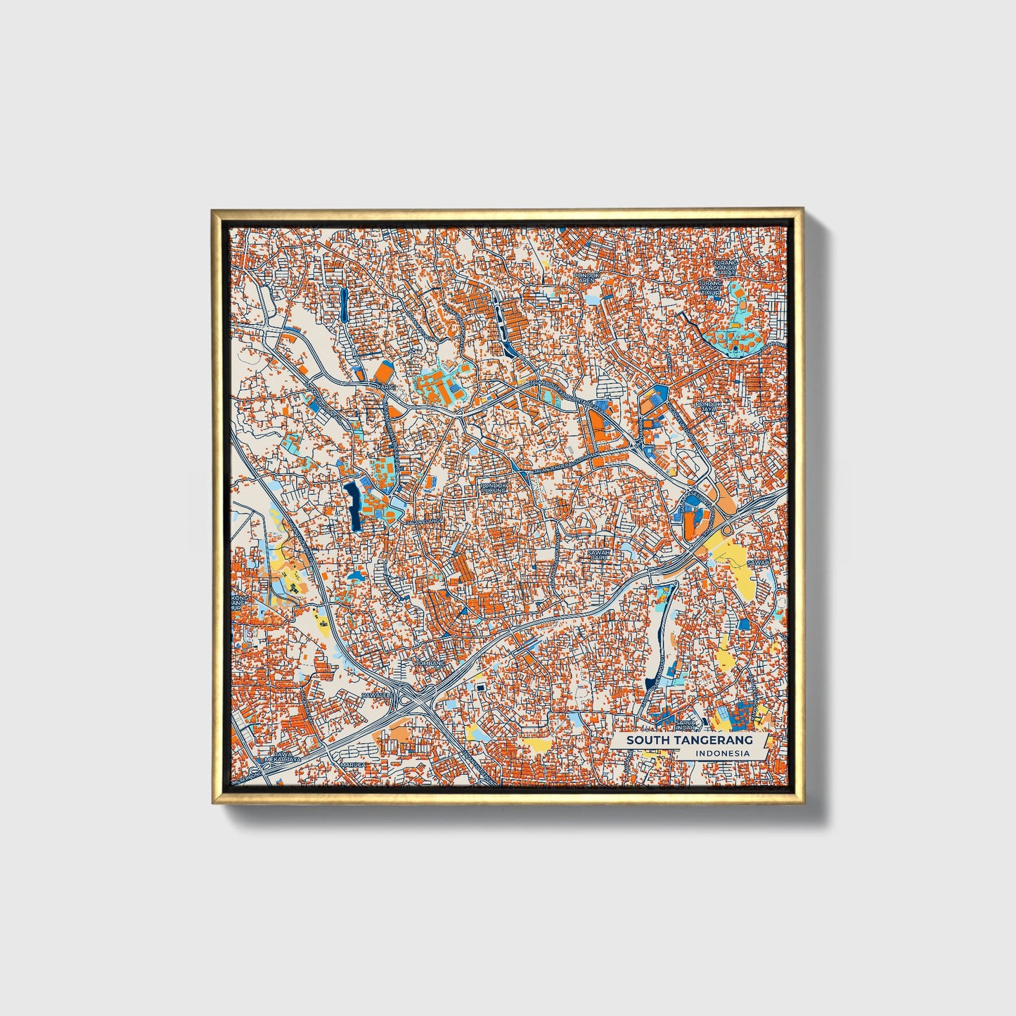 South Tangerang Indonesia Colorful City Map Canvas Print • Gold Framed
