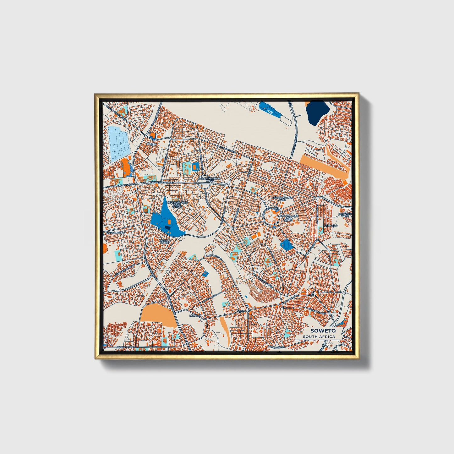 Soweto South Africa Colorful City Map Canvas Print • Gold Framed