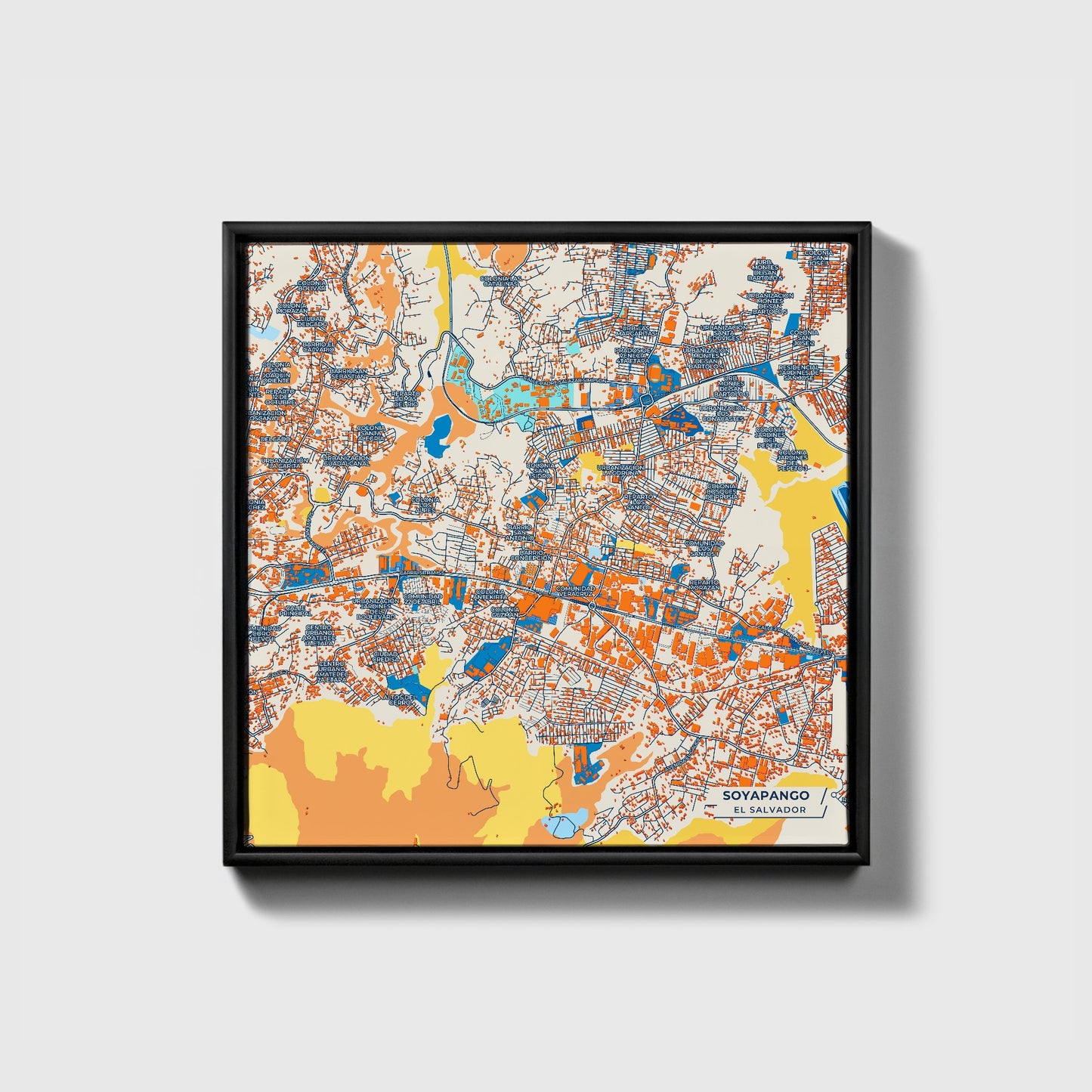 Soyapango El Salvador Colorful City Map Canvas Print • Black Framed