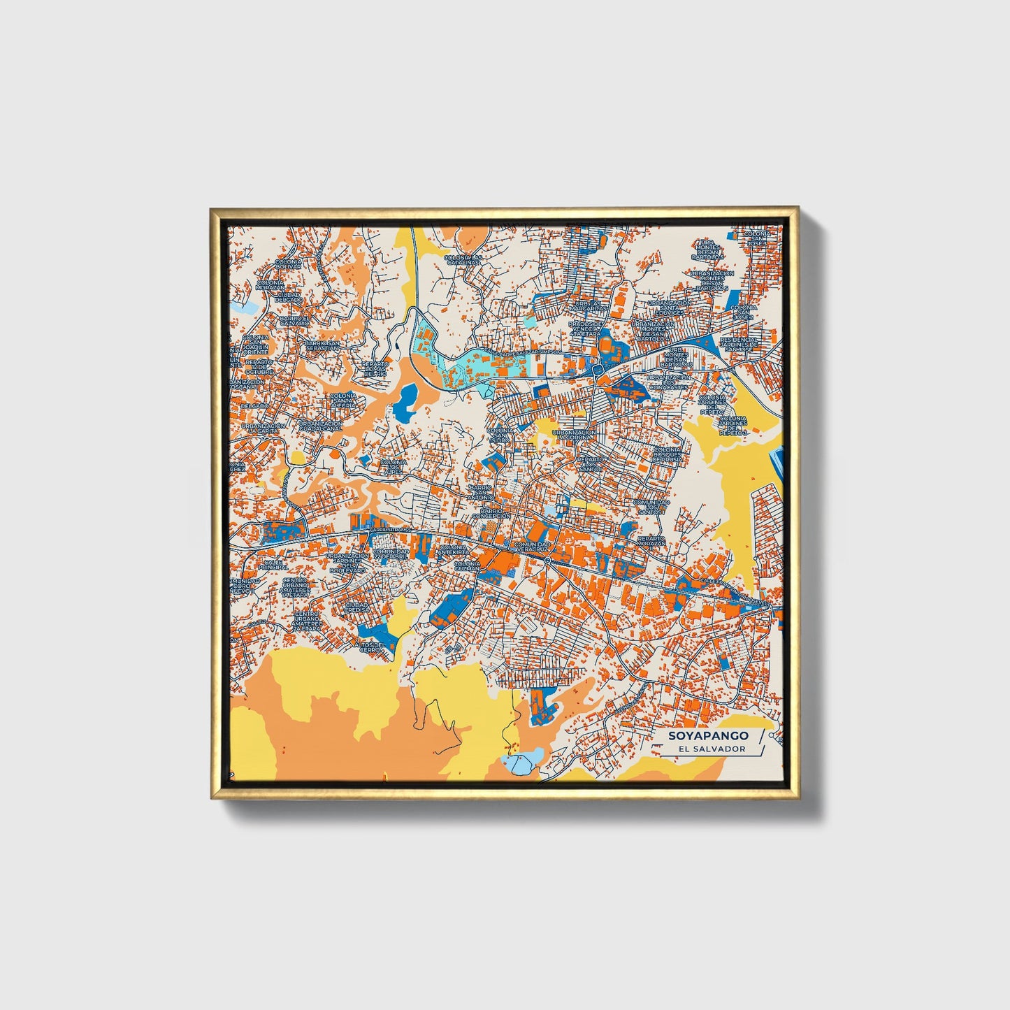 Soyapango El Salvador Colorful City Map Canvas Print • Gold Framed