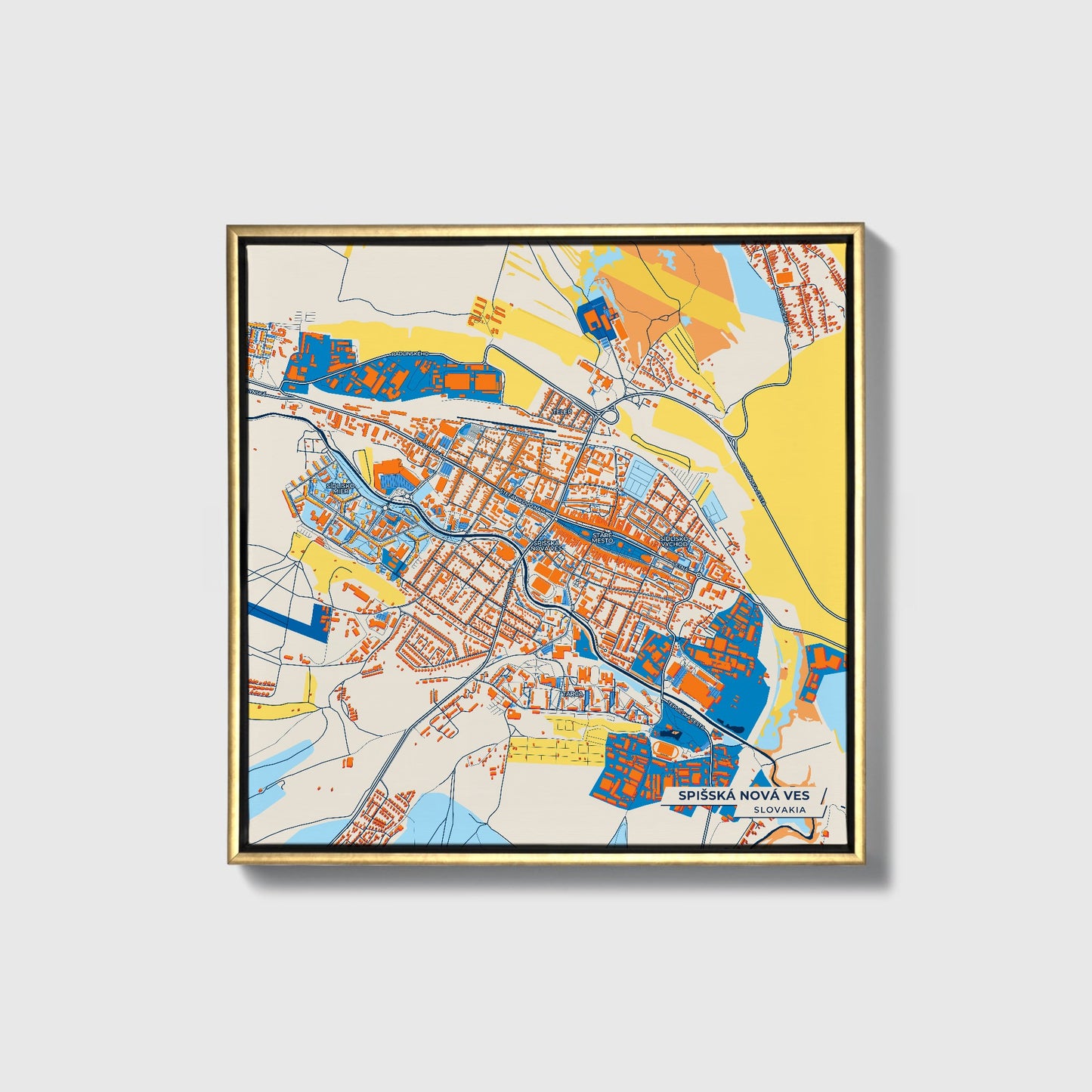 Spišská Nová Ves Slovakia Colorful City Map Canvas Print • Gold Framed