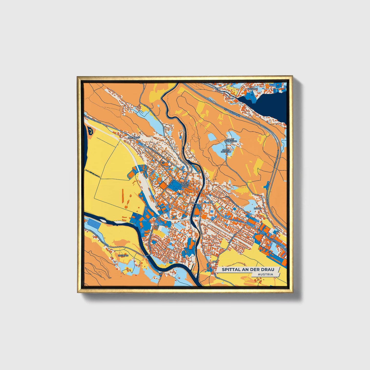 Spittal An Der Drau Austria Colorful City Map Canvas Print • Gold Framed