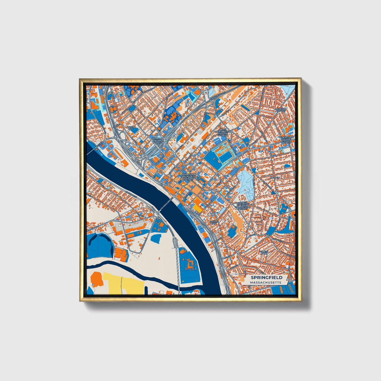 Springfield Massachusetts Colorful City Map Canvas Print • Gold Framed