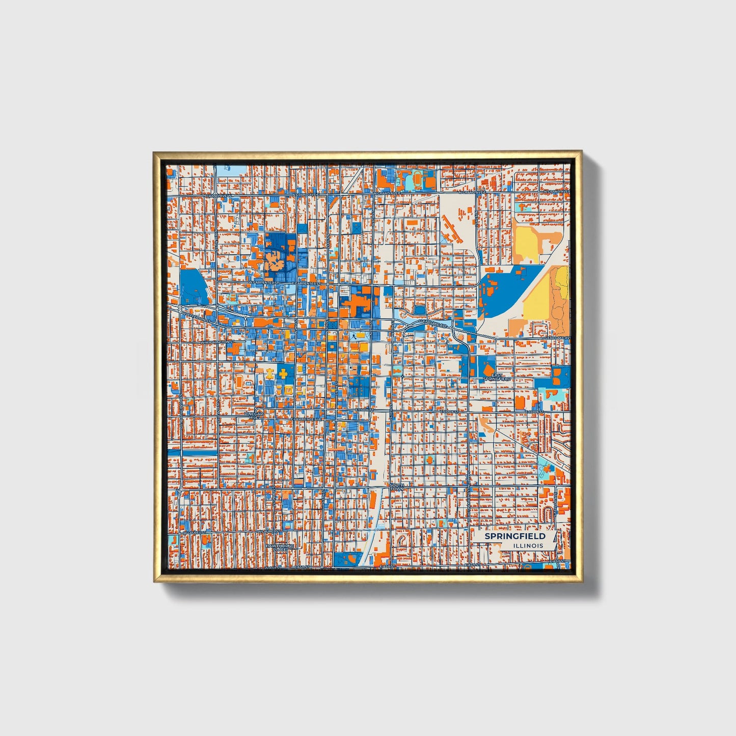 Springfield Illinois Colorful City Map Canvas Print • Gold Framed