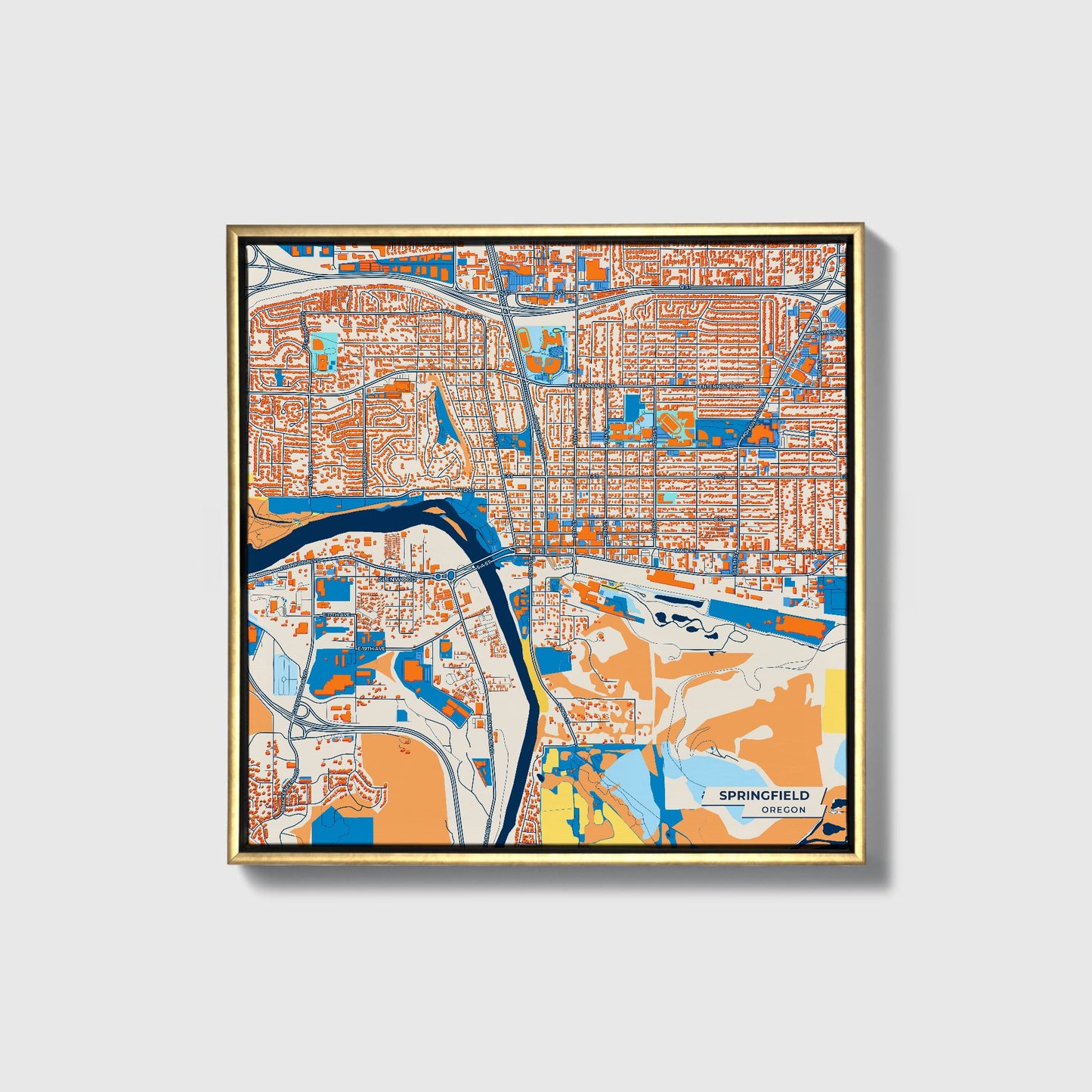 Springfield Oregon Colorful City Map Canvas Print • Gold Framed