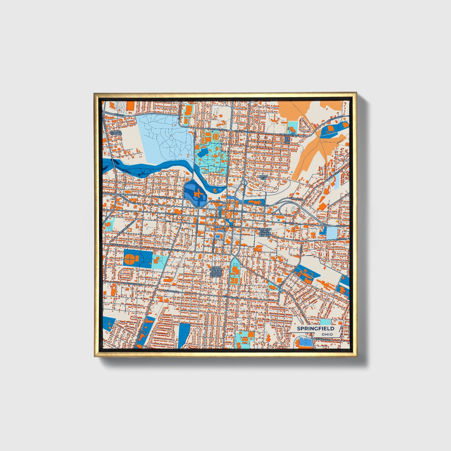 Springfield Ohio Colorful City Map Canvas Print • Gold Framed