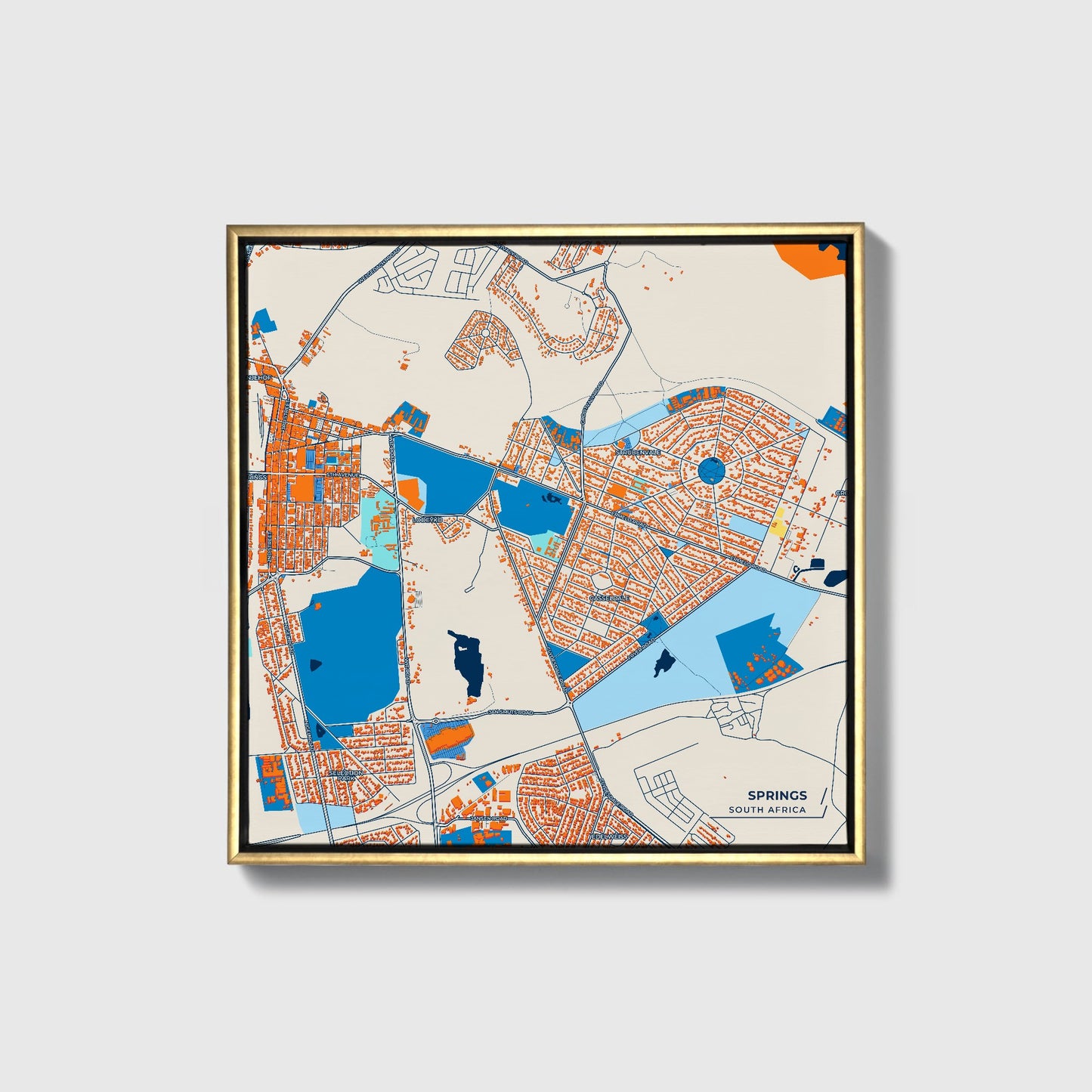 Springs South Africa Colorful City Map Canvas Print • Gold Framed