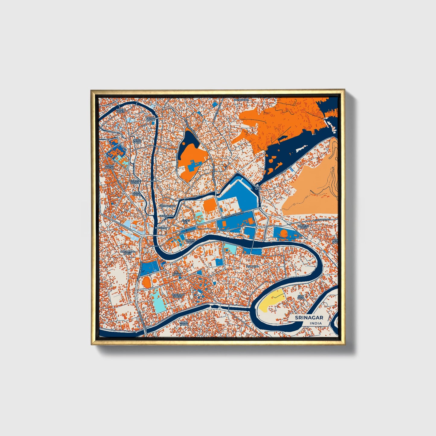 Srinagar India Colorful City Map Canvas Print • Gold Framed