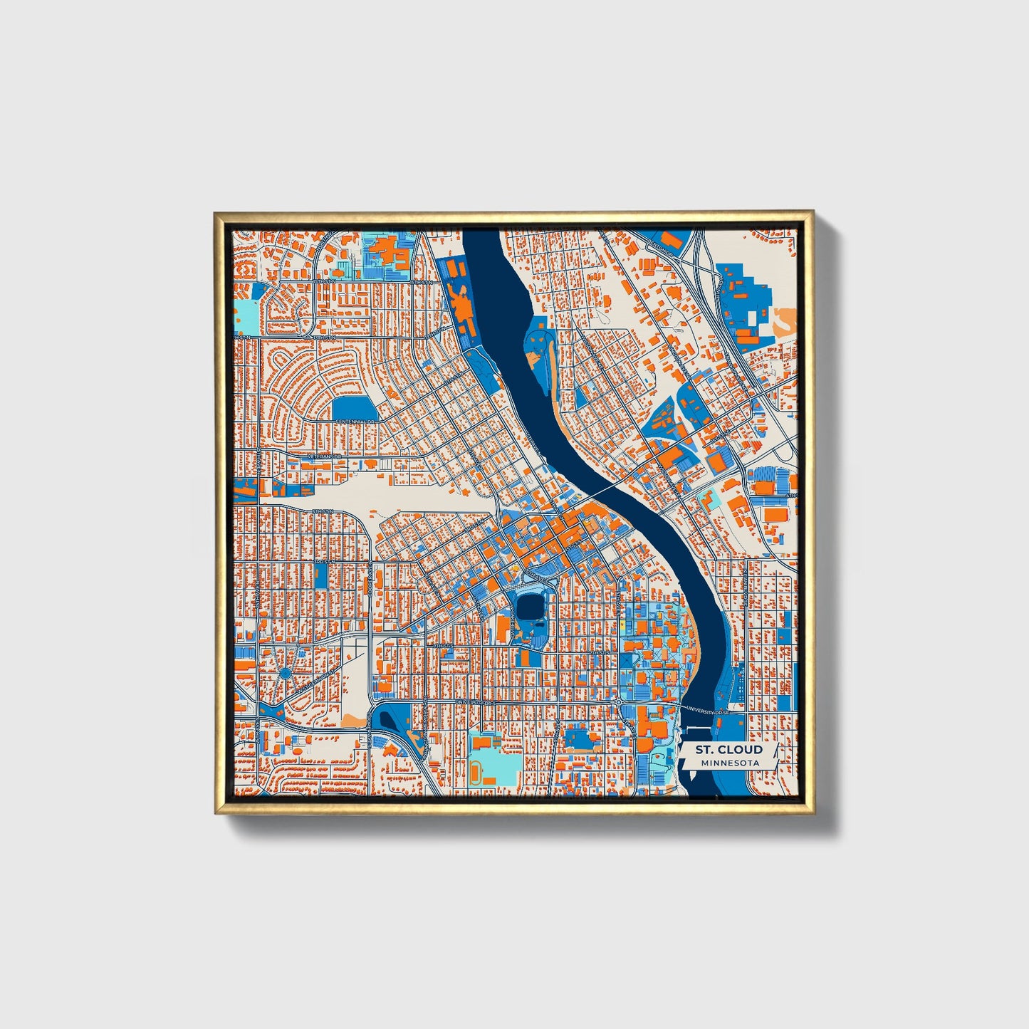 St. Cloud Minnesota Colorful City Map Canvas Print • Gold Framed
