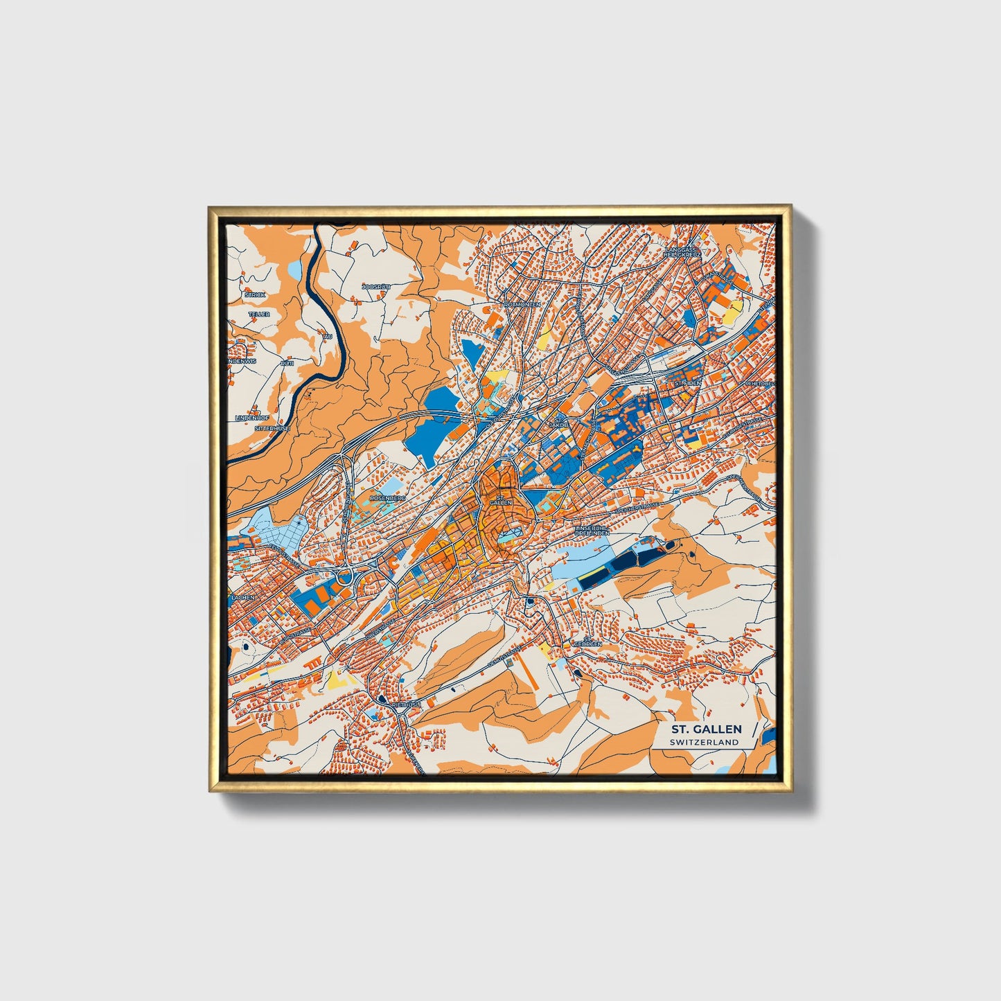 St. Gallen Switzerland Colorful City Map Canvas Print • Gold Framed