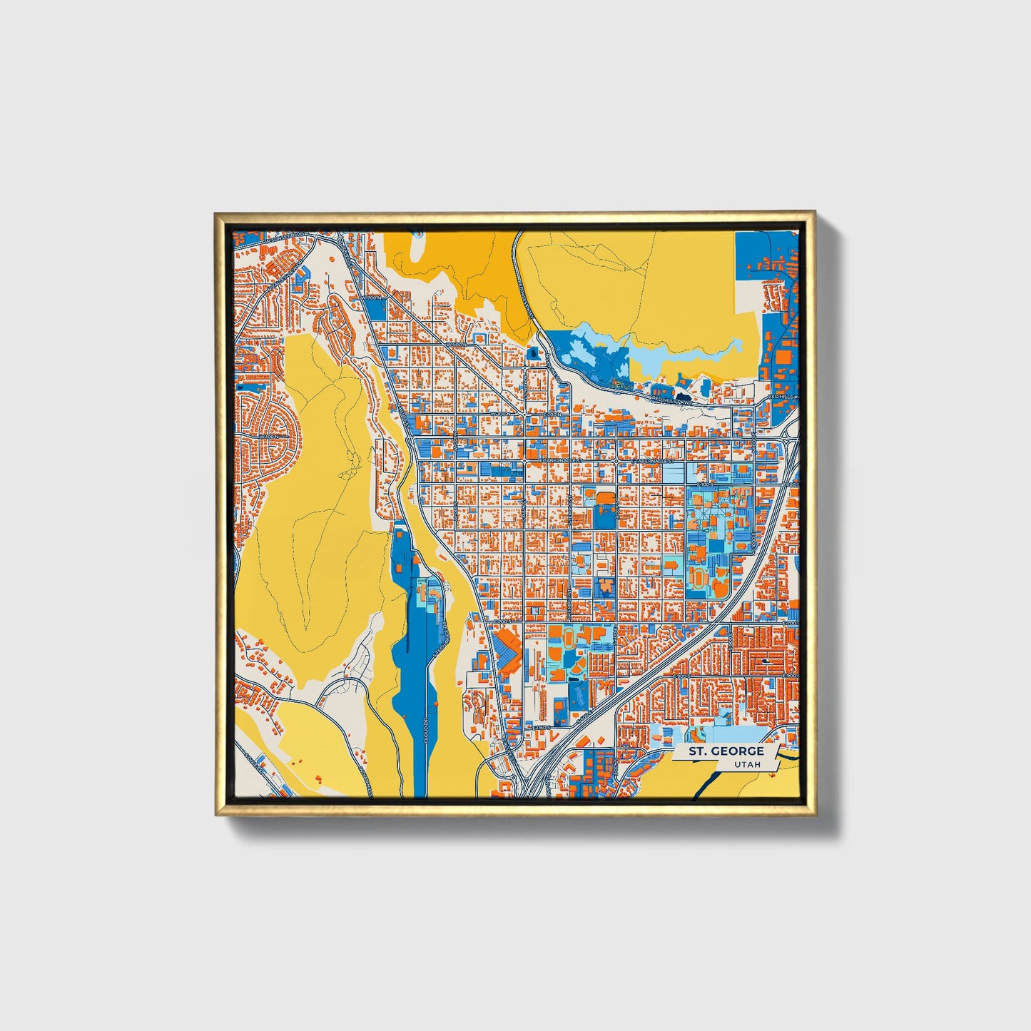 St. George Utah Colorful City Map Canvas Print • Gold Framed