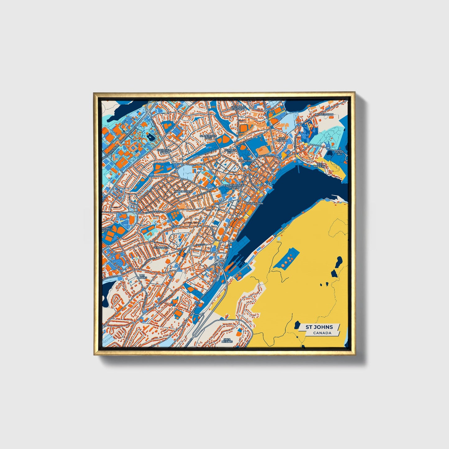 St Johns Canada Colorful City Map Canvas Print • Gold Framed