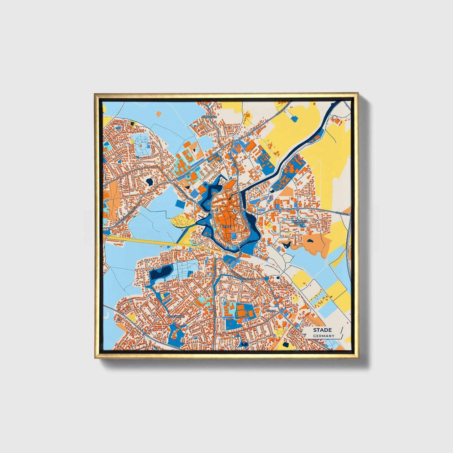Stade Germany Colorful City Map Canvas Print • Gold Framed