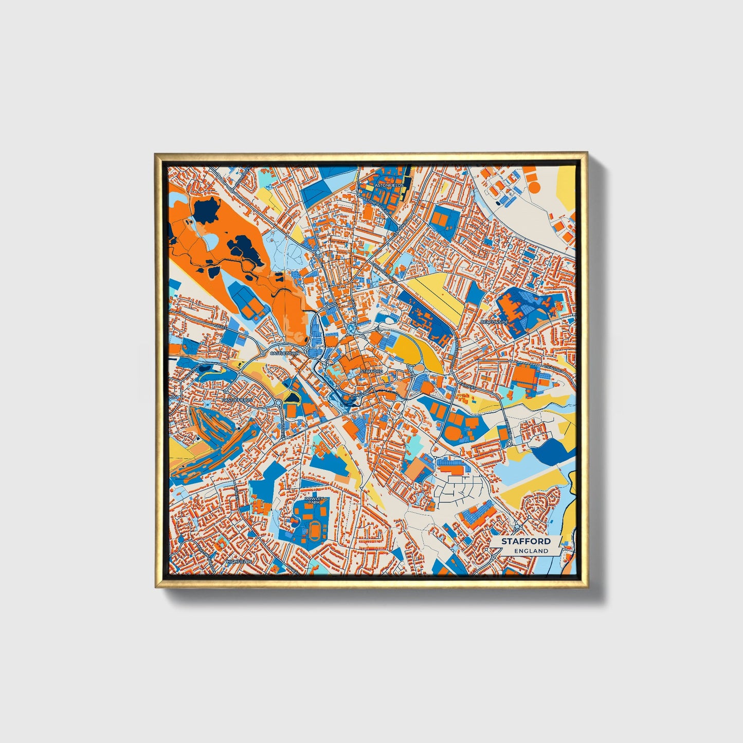 Stafford England Colorful City Map Canvas Print • Gold Framed