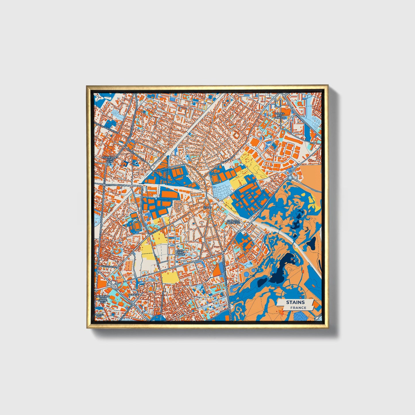 Stains France Colorful City Map Canvas Print • Gold Framed