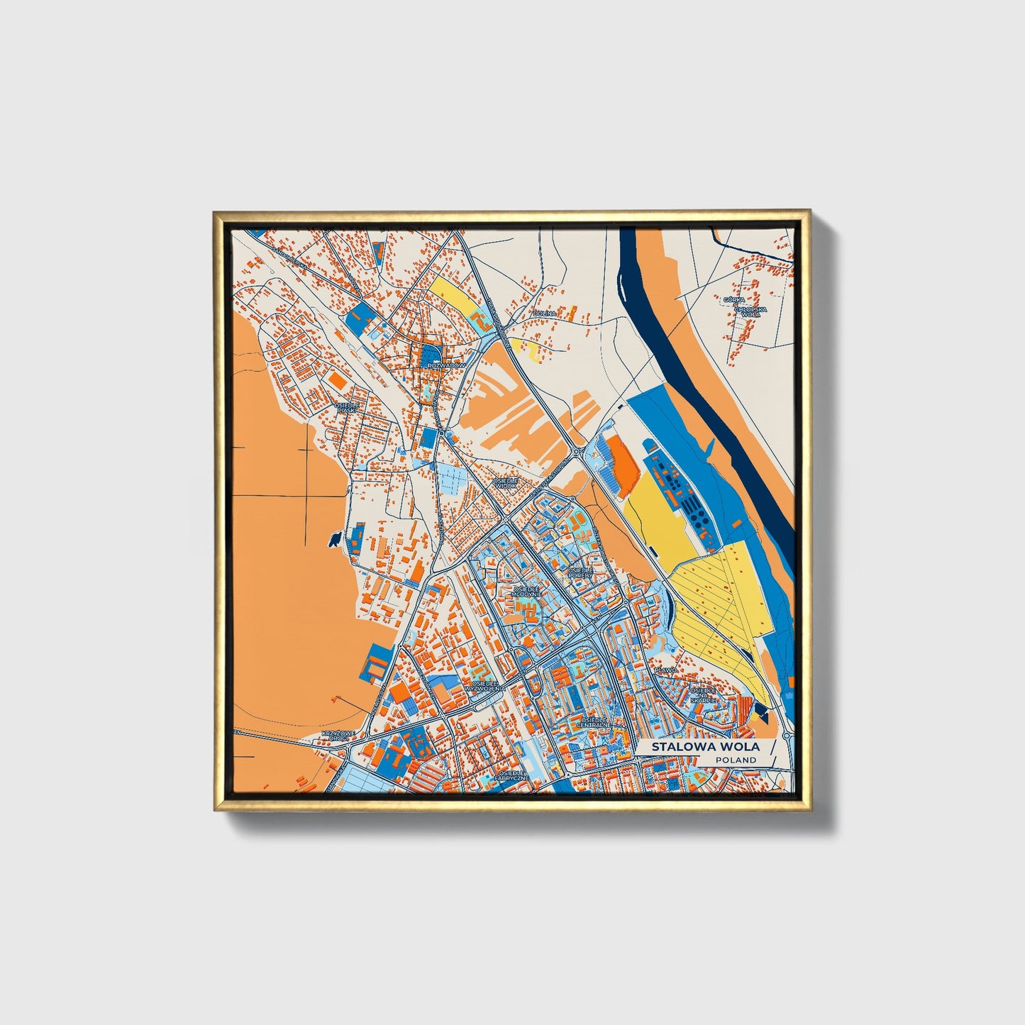 Stalowa Wola Poland Colorful City Map Canvas Print • Gold Framed
