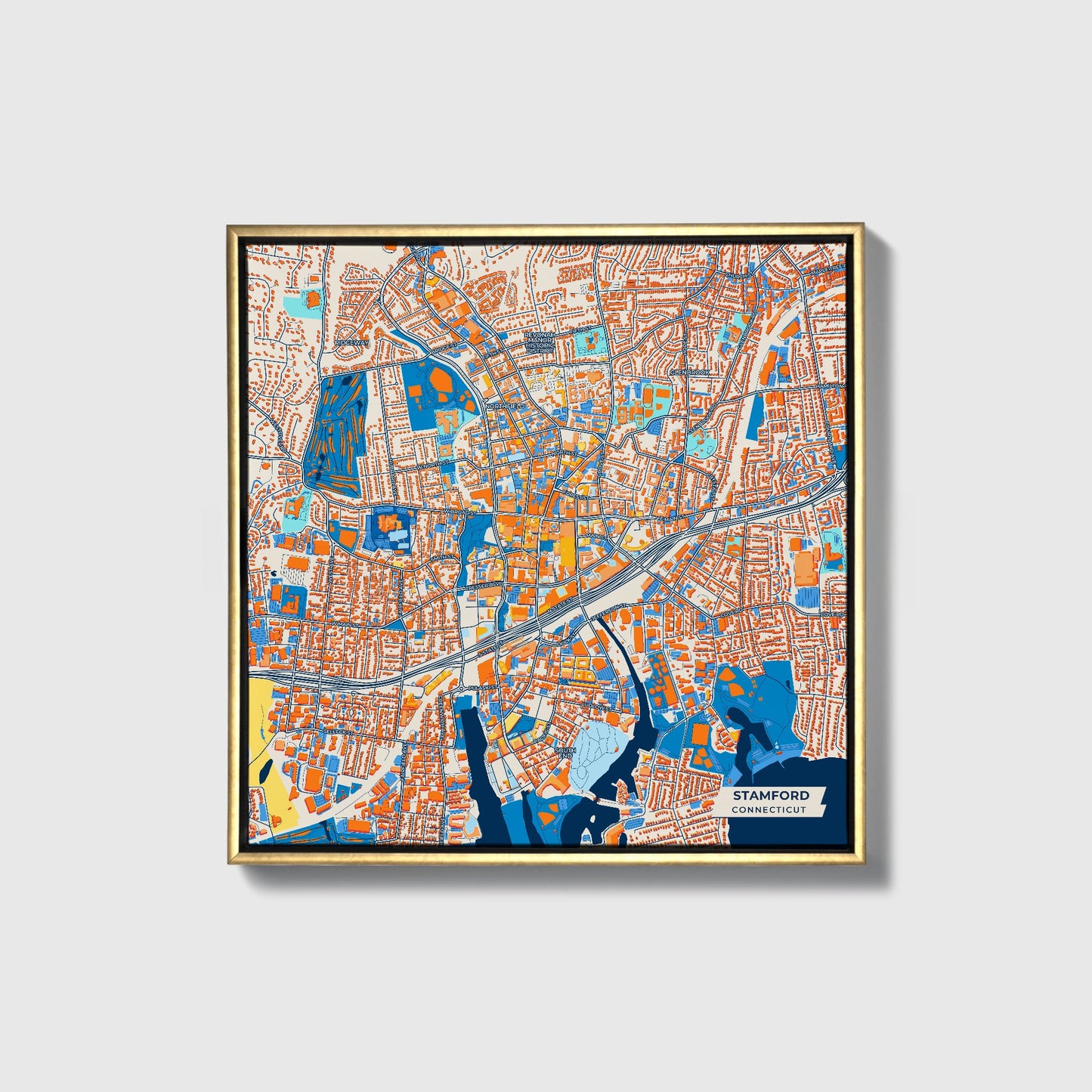 Stamford Connecticut Colorful City Map Canvas Print • Gold Framed