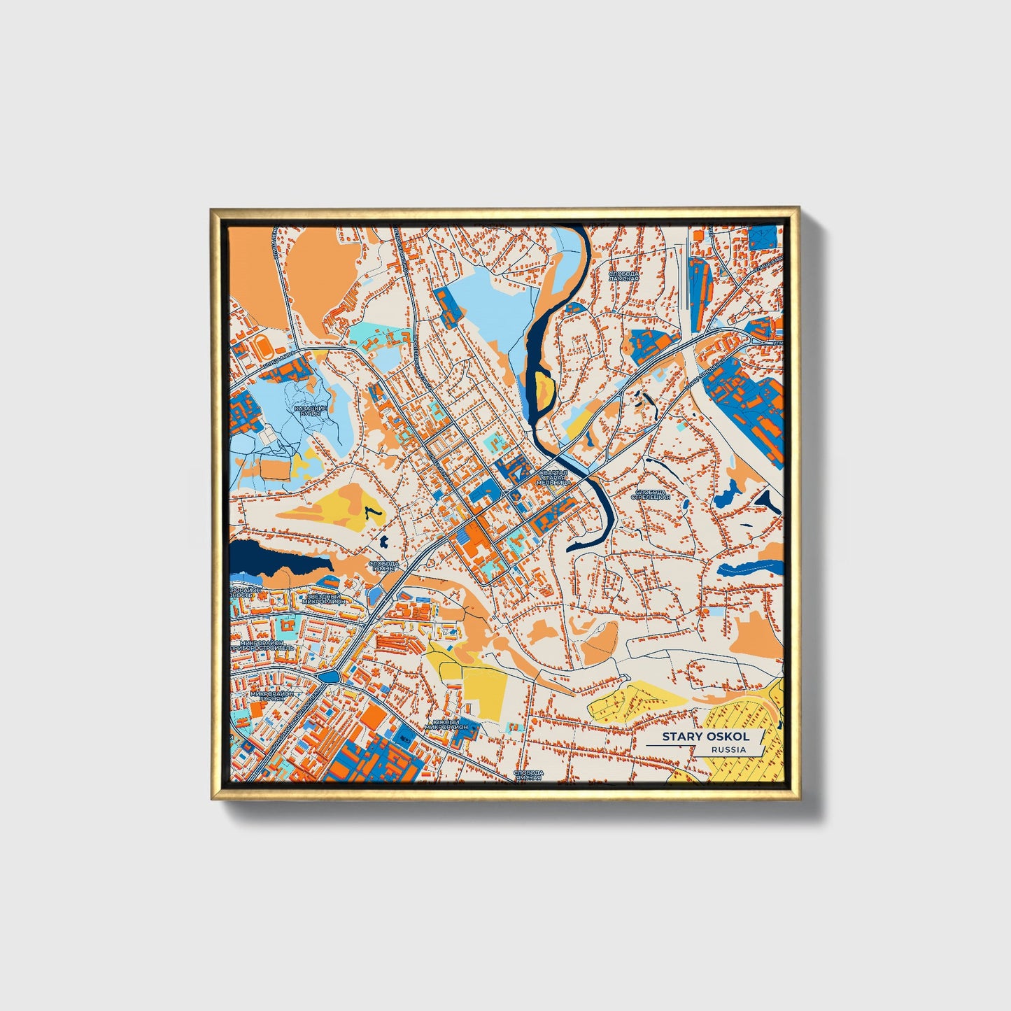 Старый Оскол Russia Colorful City Map Canvas Print • Gold Framed