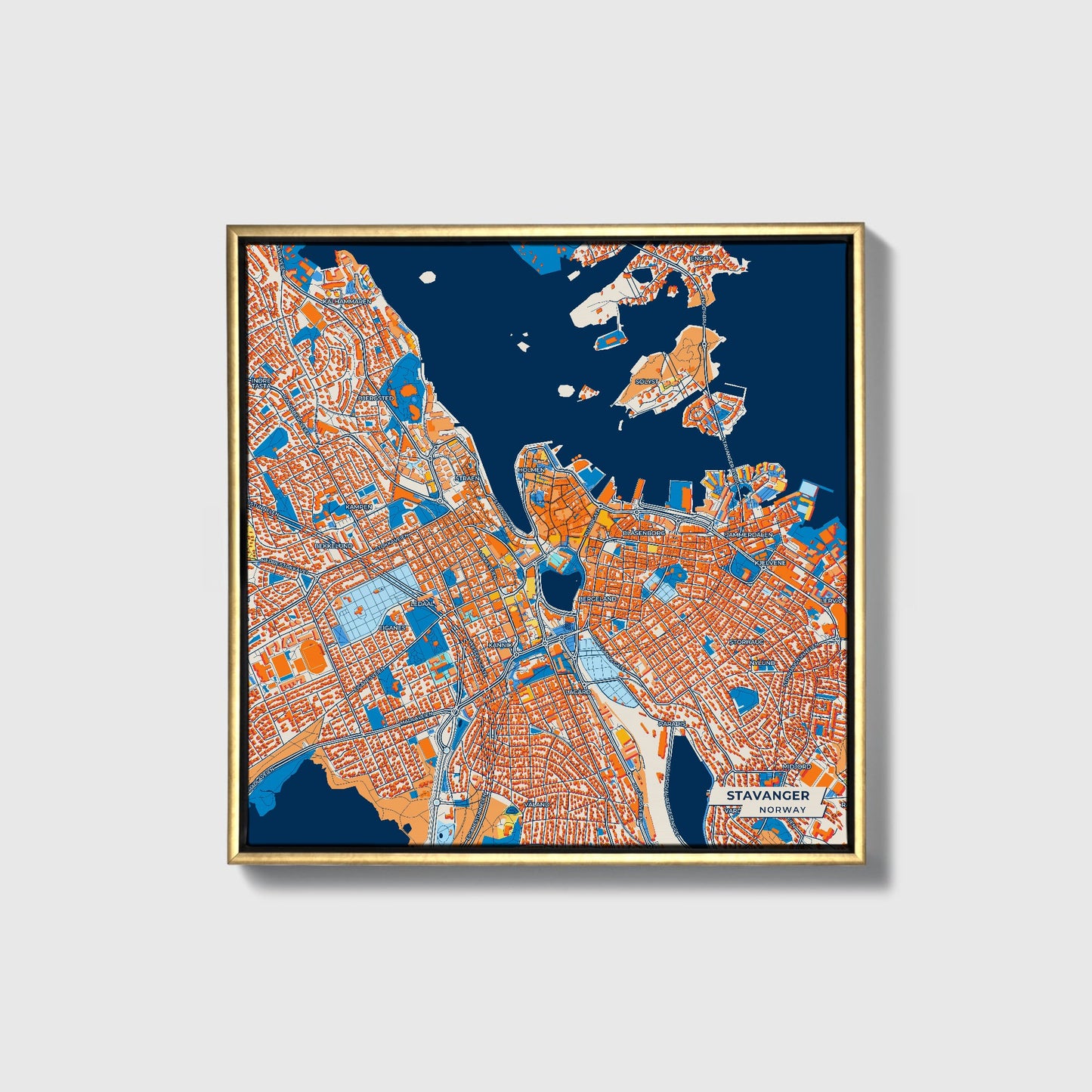 Stavanger Norway Colorful City Map Canvas Print • Gold Framed