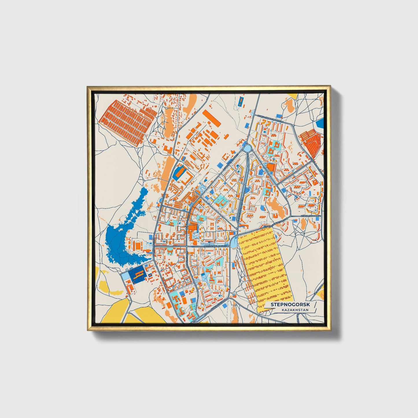 Stepnogorsk Kazakhstan Colorful City Map Canvas Print • Gold Framed