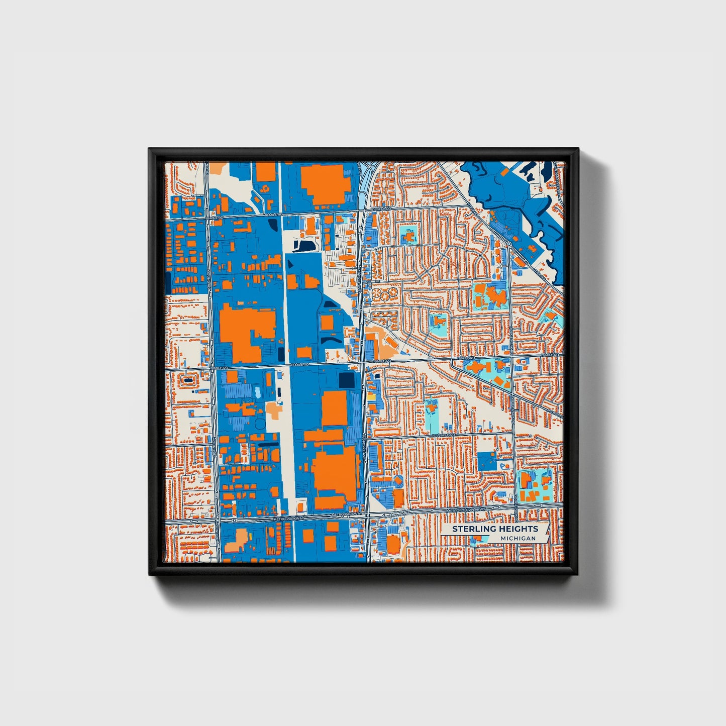 Sterling Heights Michigan Colorful City Map Canvas Print • Black Framed