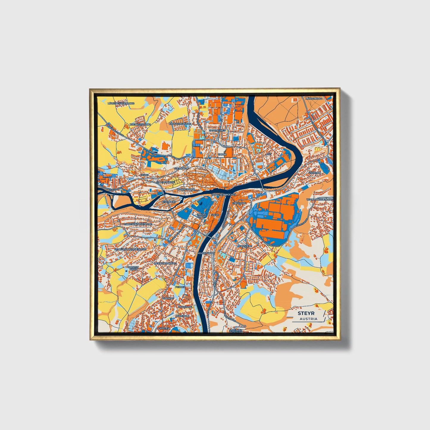 Steyr Austria Colorful City Map Canvas Print • Gold Framed