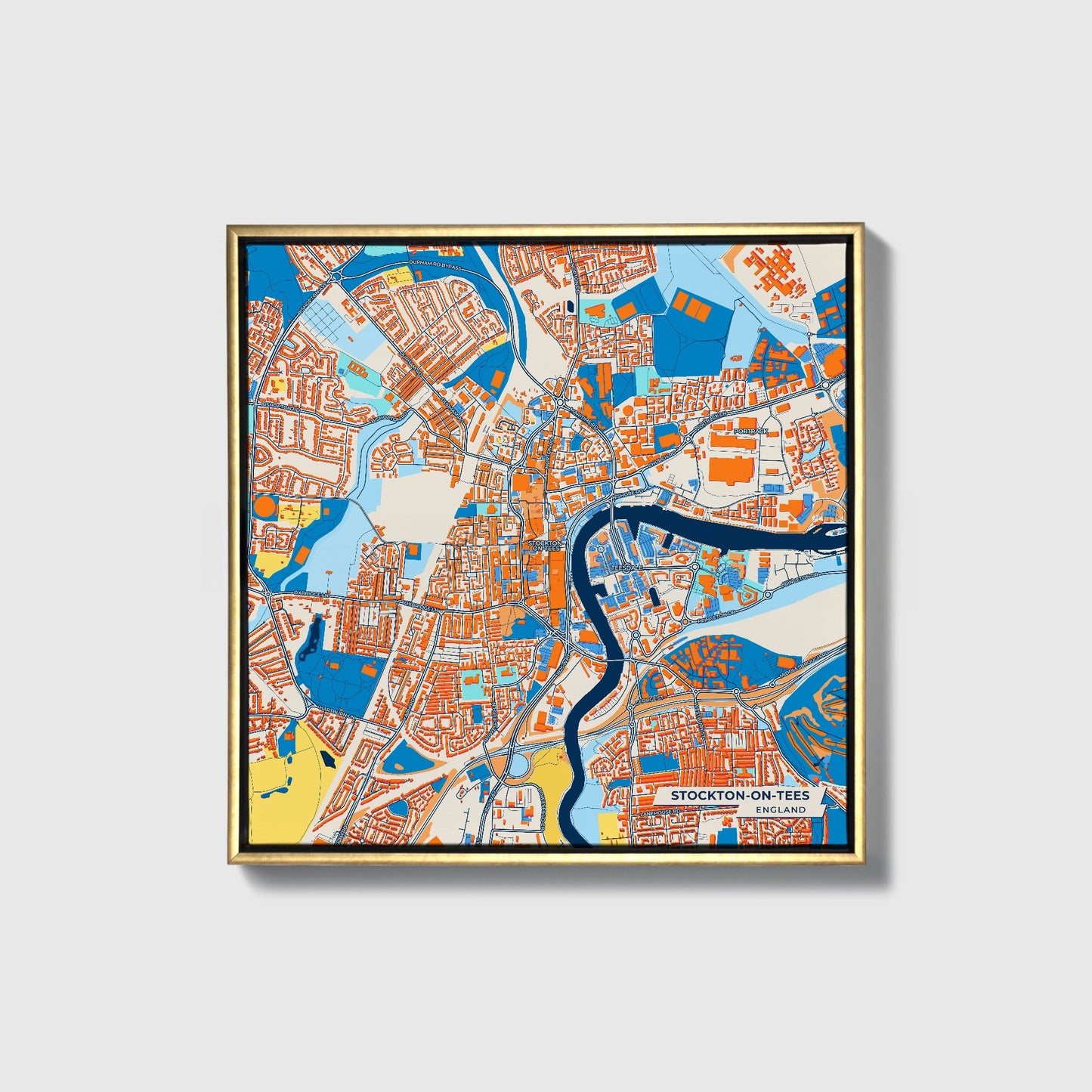 Stockton-On-Tees England Colorful City Map Canvas Print • Gold Framed