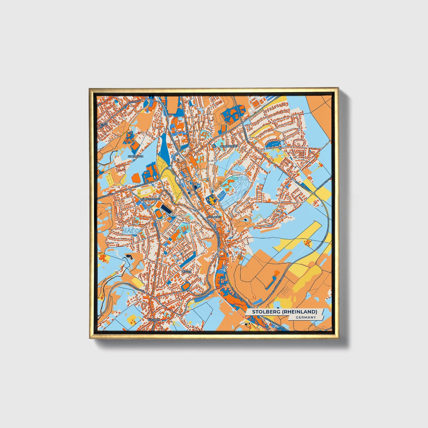 Stolberg (Rheinland) Germany Colorful City Map Canvas Print • Gold Framed