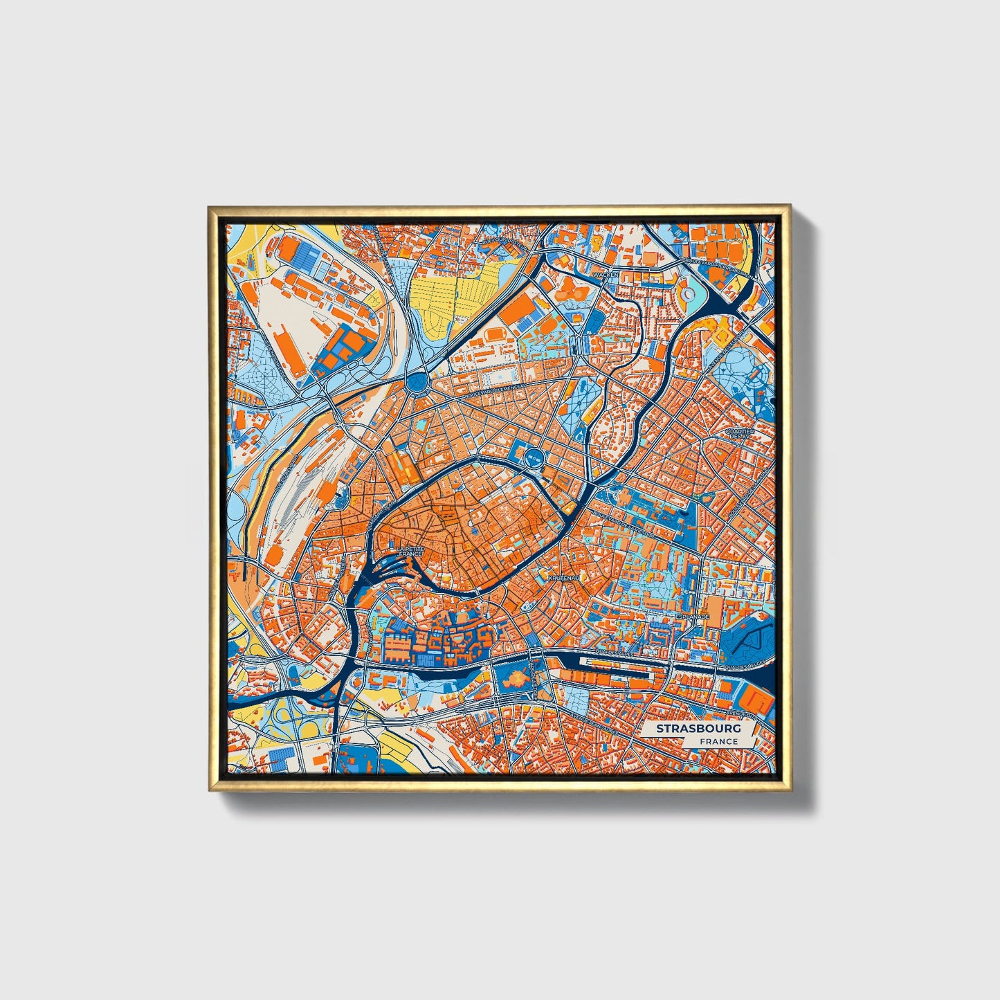 Strasbourg France Colorful City Map Canvas Print • Gold Framed