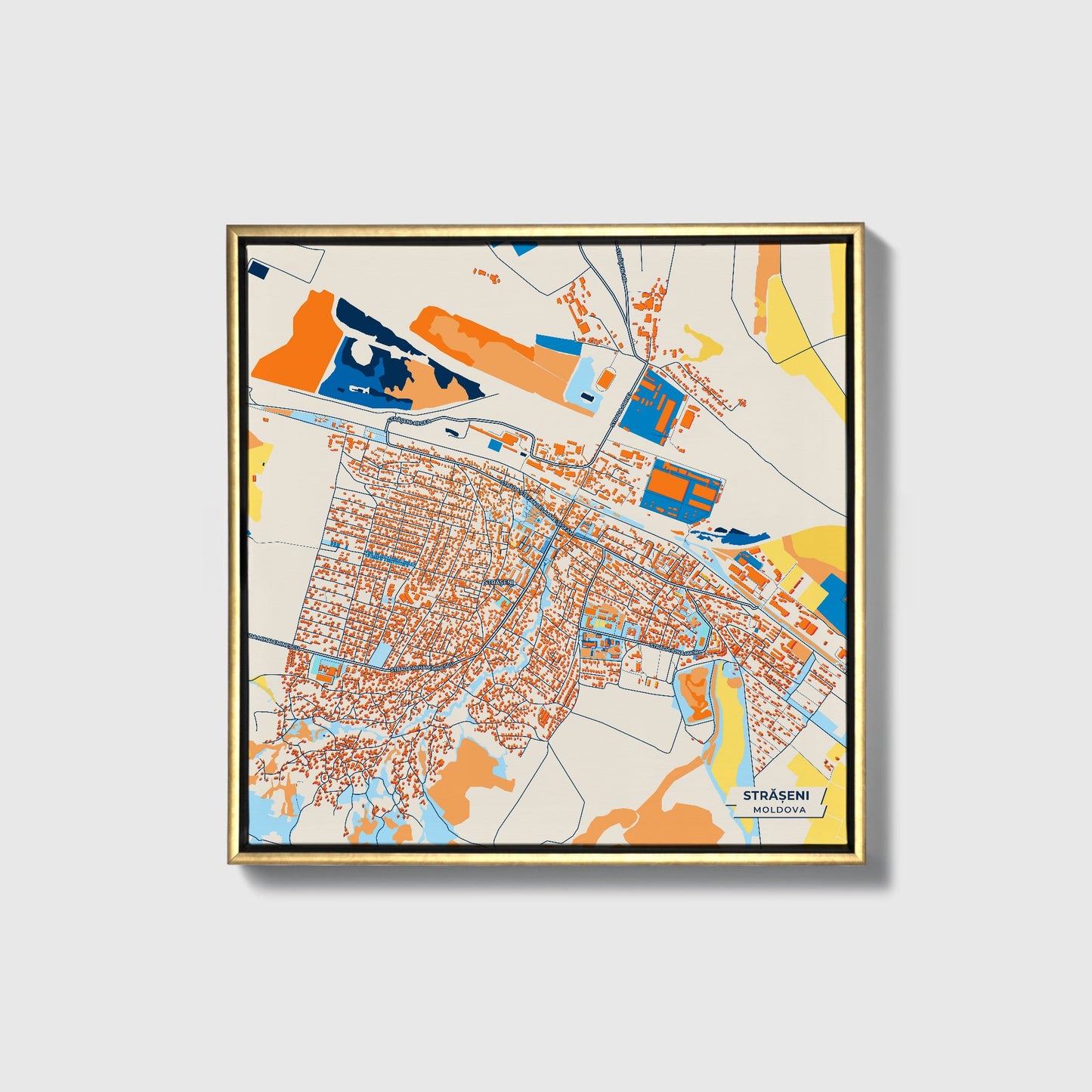 Strășeni Moldova Colorful City Map Canvas Print • Gold Framed