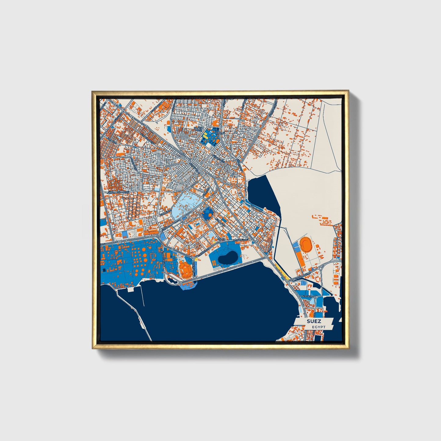 Suez Egypt Colorful City Map Canvas Print • Gold Framed