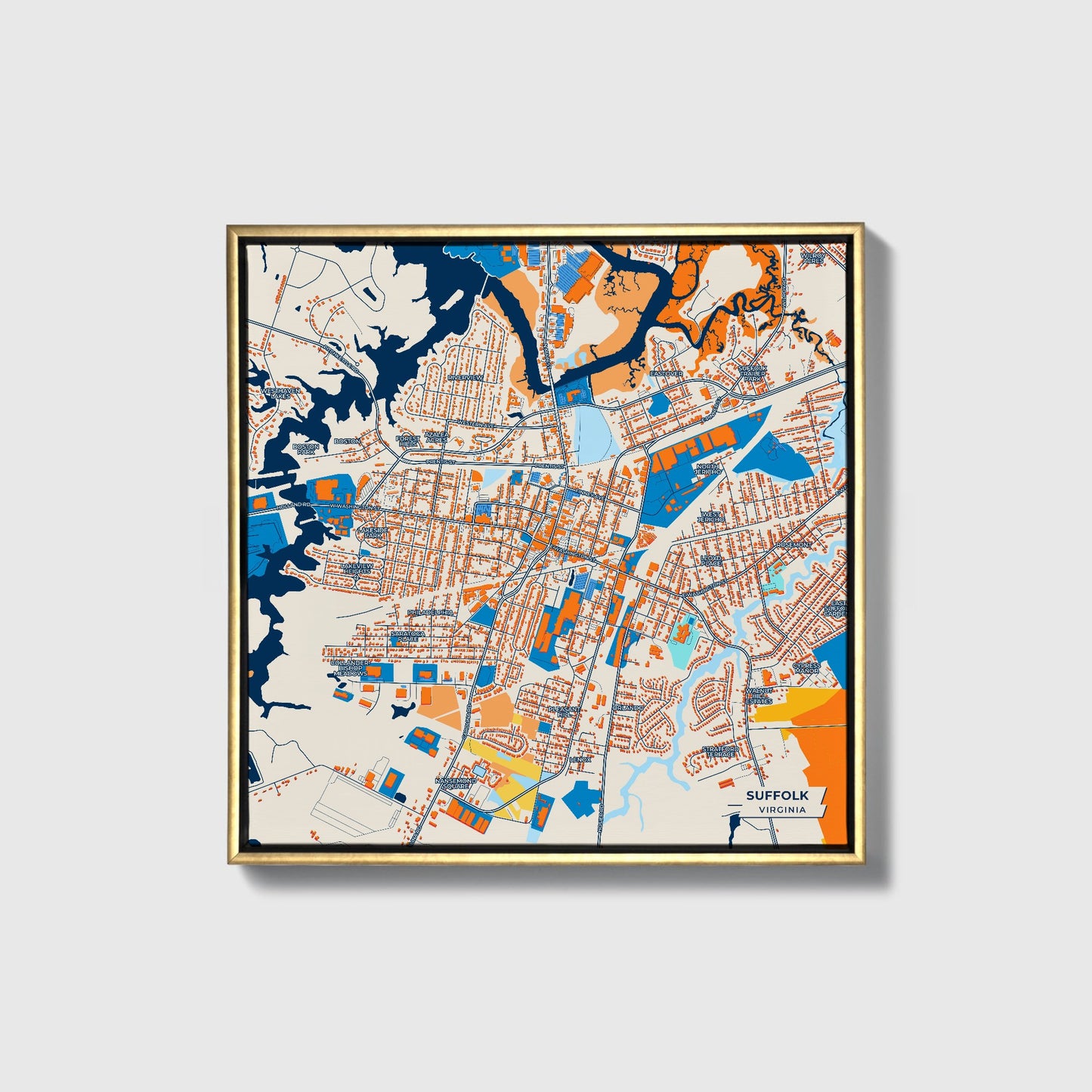 Suffolk Virginia Colorful City Map Canvas Print • Gold Framed
