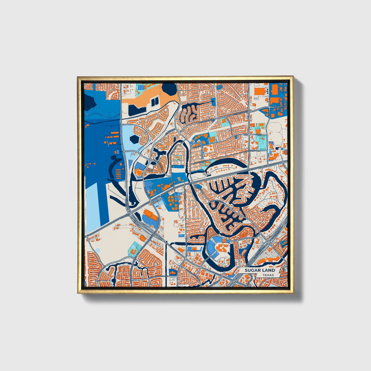 Sugar Land Texas Colorful City Map Canvas Print • Gold Framed