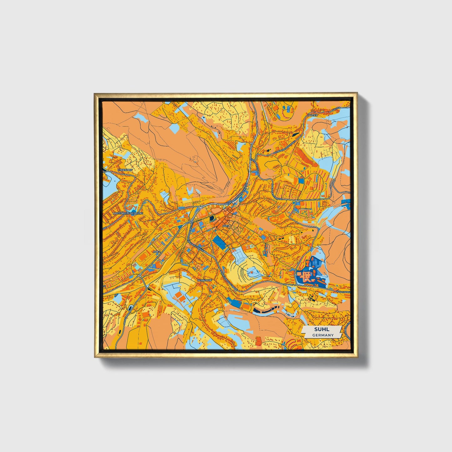 Suhl Germany Colorful City Map Canvas Print • Gold Framed