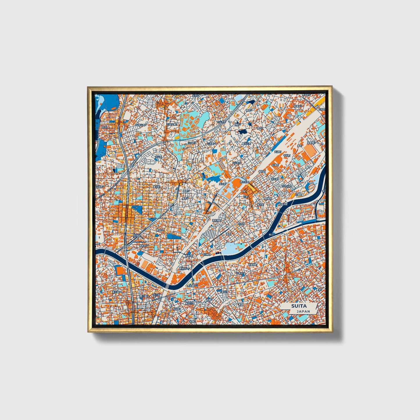 Suita Japan Colorful City Map Canvas Print • Gold Framed
