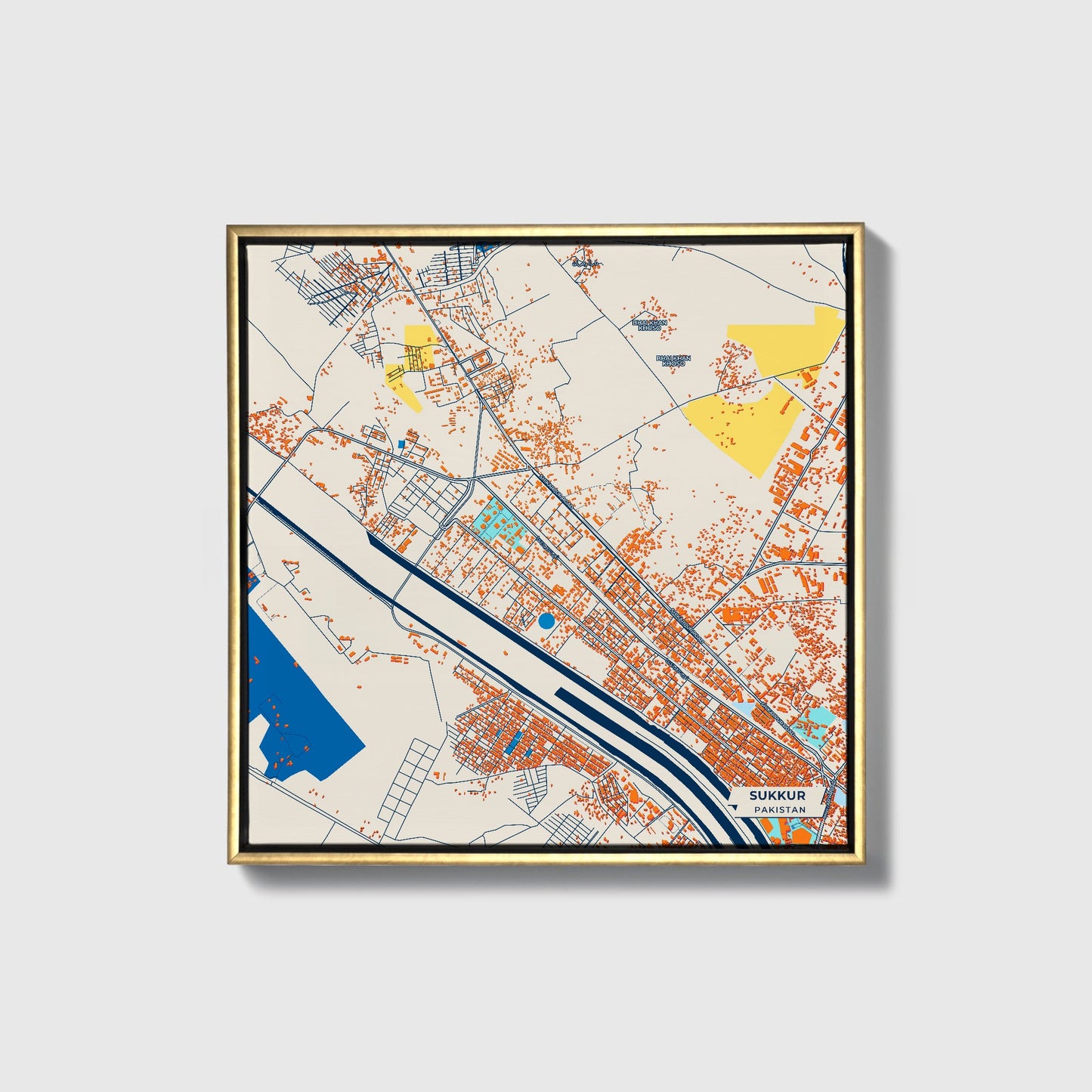 Sukkur Pakistan Colorful City Map Canvas Print • Gold Framed