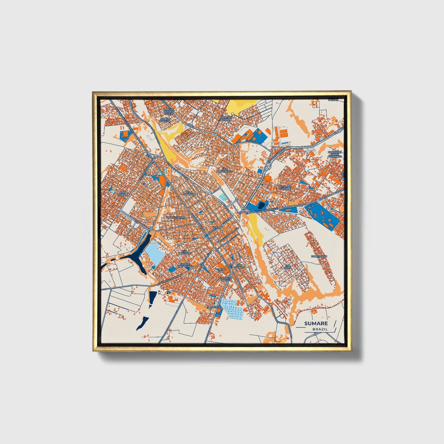 Sumare Brazil Colorful City Map Canvas Print • Gold Framed
