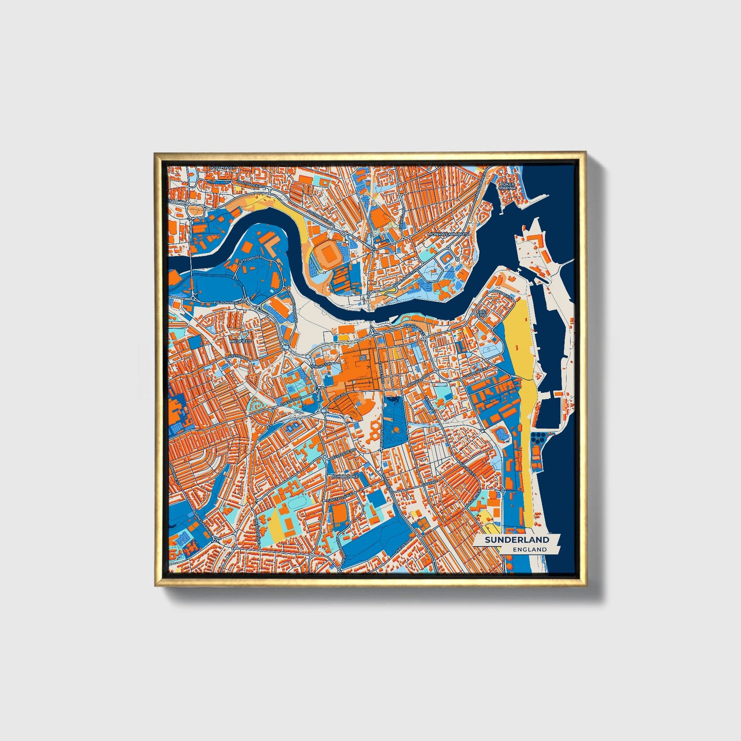 Sunderland England Colorful City Map Canvas Print • Gold Framed