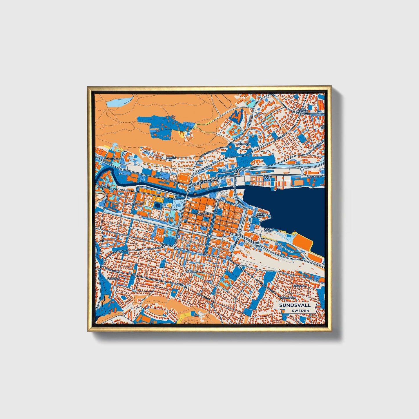 Sundsvall Sweden Colorful City Map Canvas Print • Gold Framed