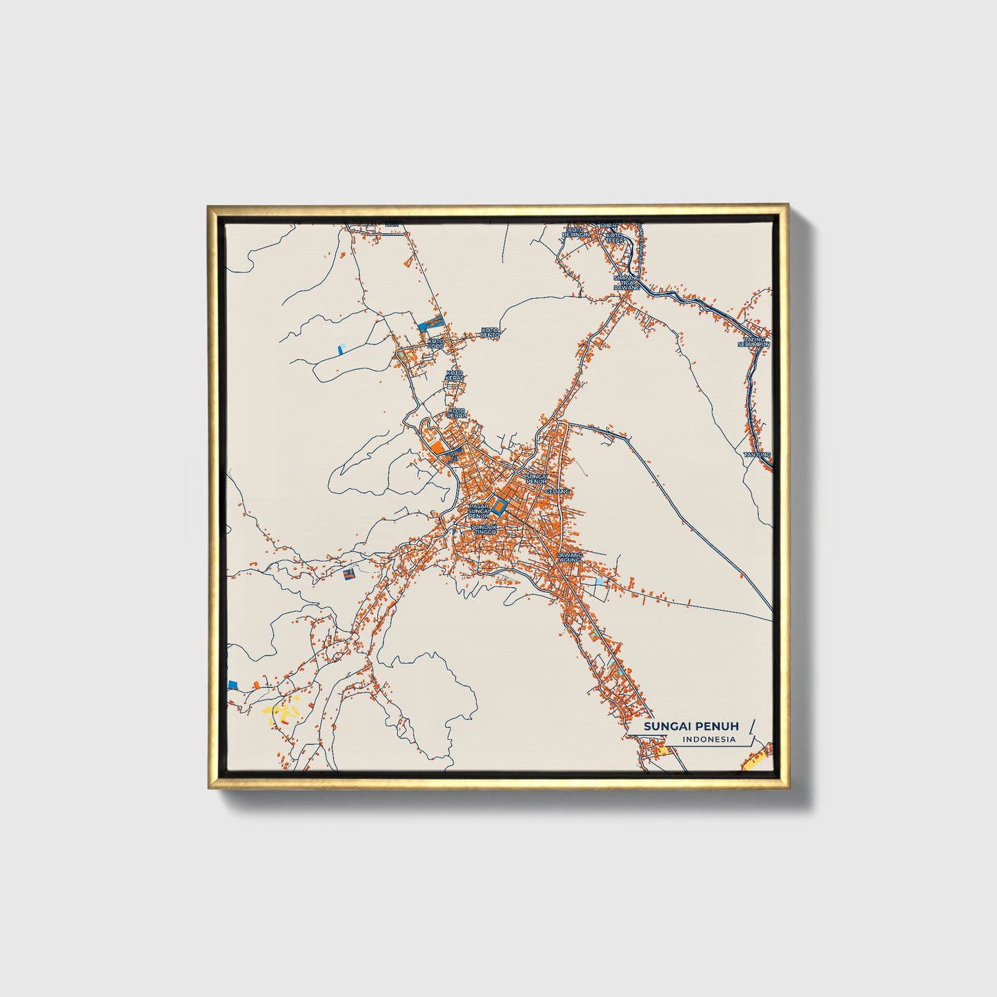 Sungai Penuh Indonesia Colorful City Map Canvas Print • Gold Framed