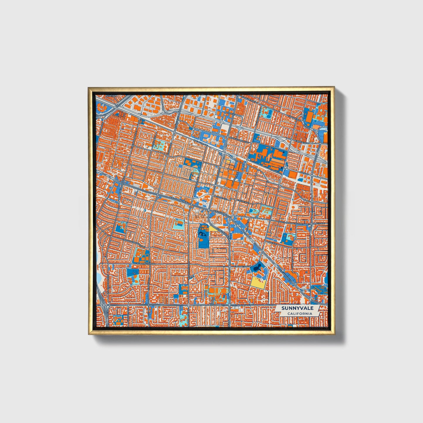 Sunnyvale California Colorful City Map Canvas Print • Gold Framed